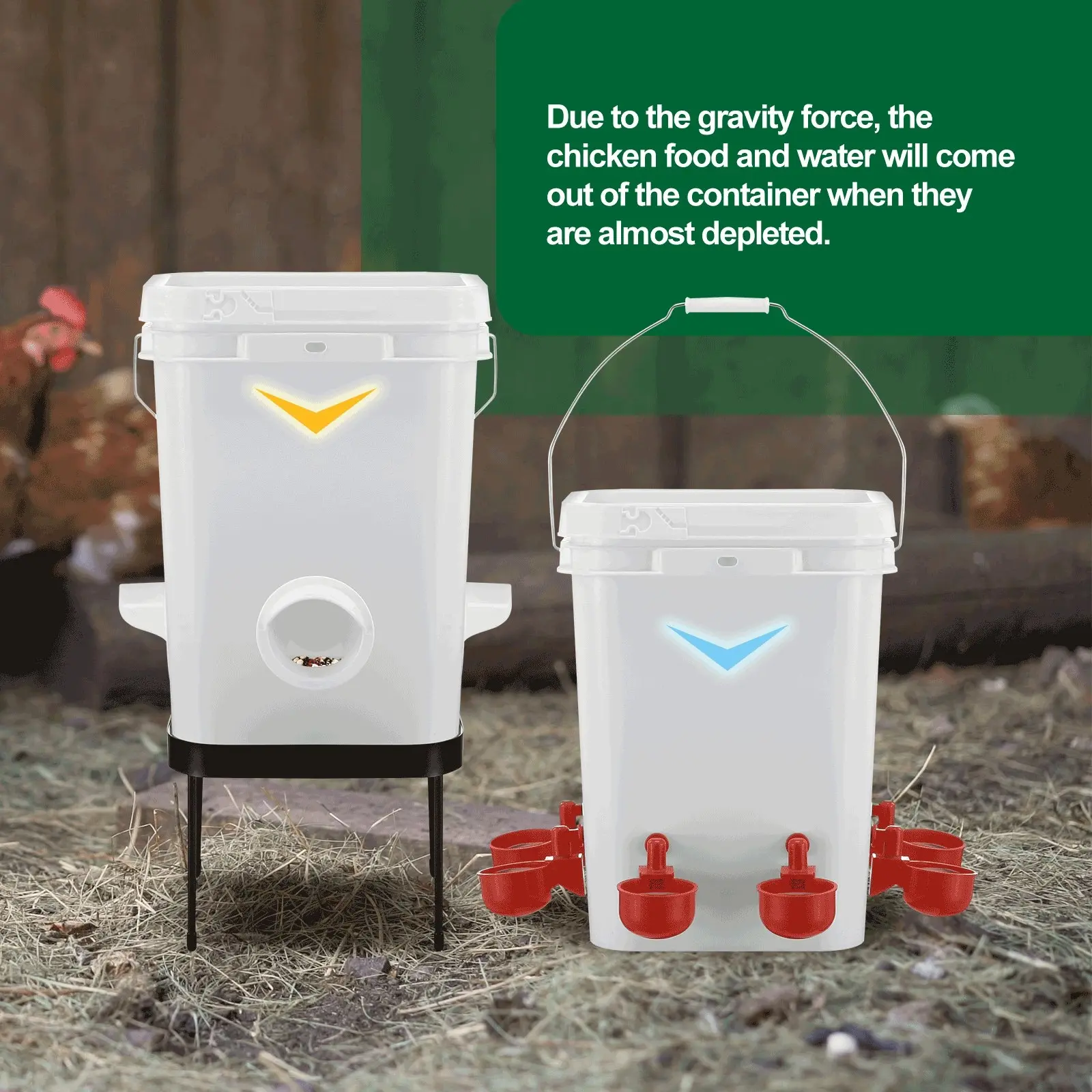 Pet Scene Chicken Bird Feeder Waterer Set Auto Food Water Dispenser Automatic Chick Poultry Chook Drinker Cup Gravity Fed Feeding Drinking System 20L with Stand