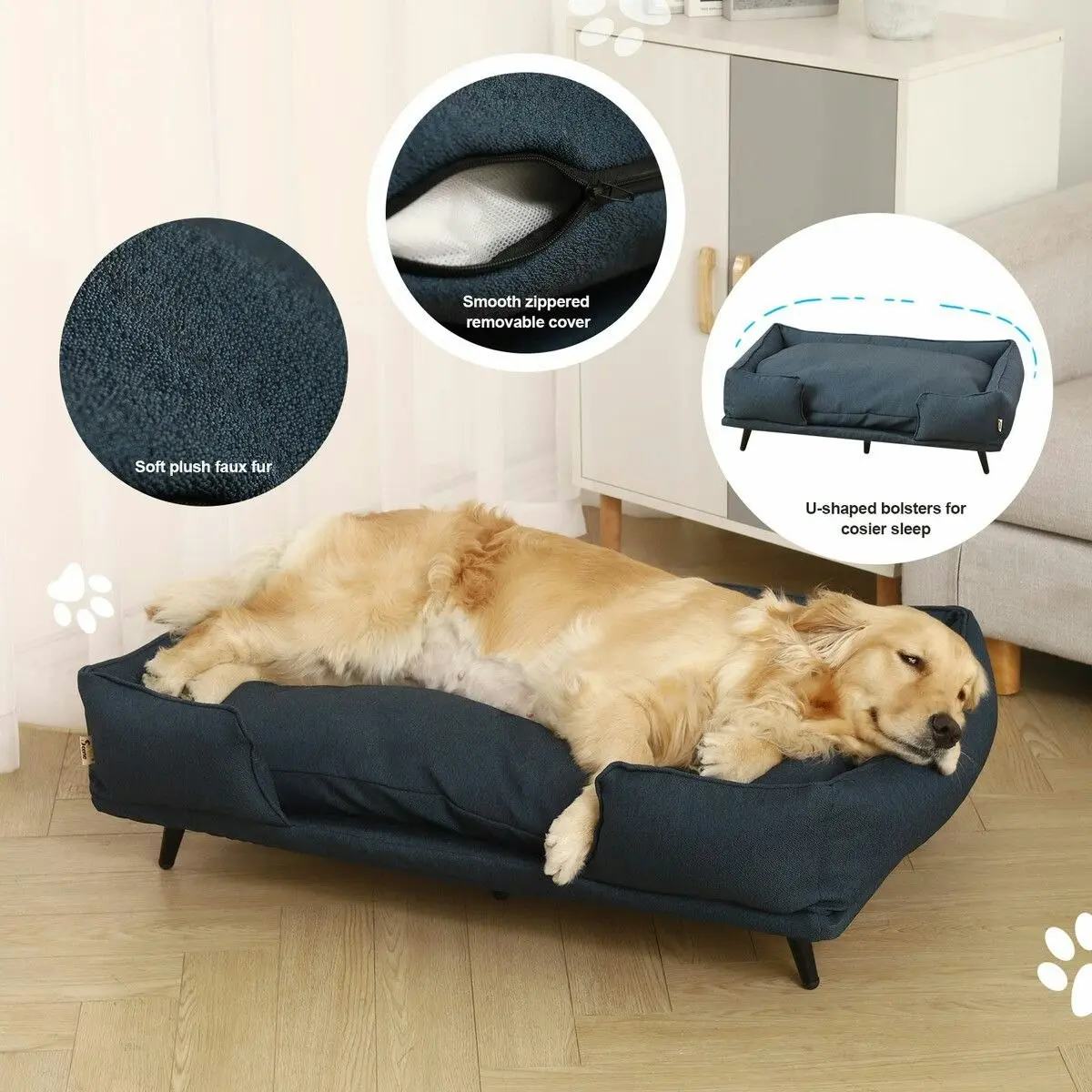 Pet Scene Large Pet Dog Bed Soft Puppy Sofa Cat Couch Lounge Chaise Raised Cushioned Doggy Furniture Removable Cover 90x60x24cm