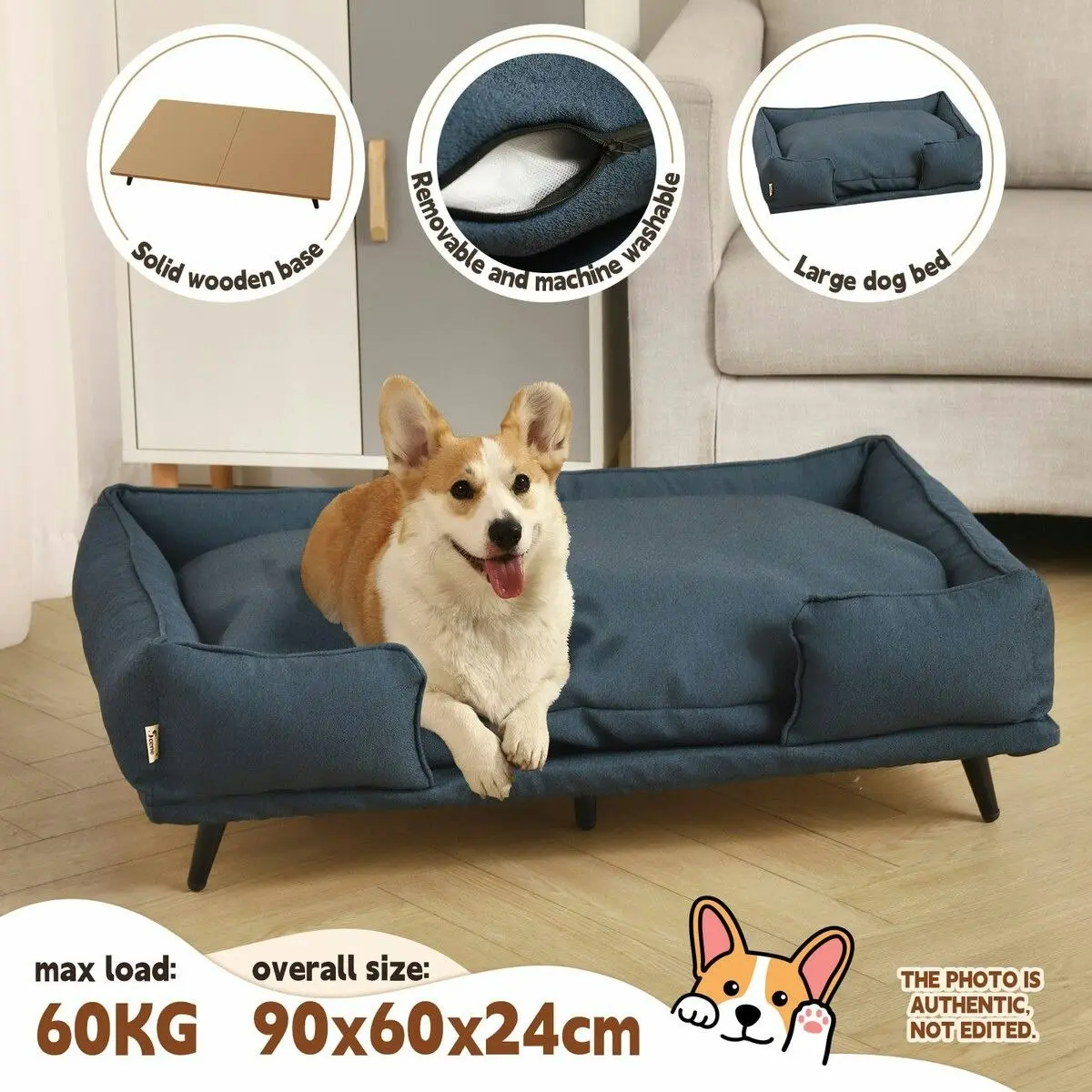 Pet Scene Large Pet Dog Bed Soft Puppy Sofa Cat Couch Lounge Chaise Raised Cushioned Doggy Furniture Removable Cover 90x60x24cm