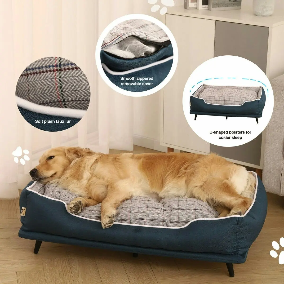 Pet Scene Large Pet Dog Bed Puppy Sofa Cat Couch Doggy Lounge Chaise Furniture Raised Elevated Soft Cushioned 90x60x24cm