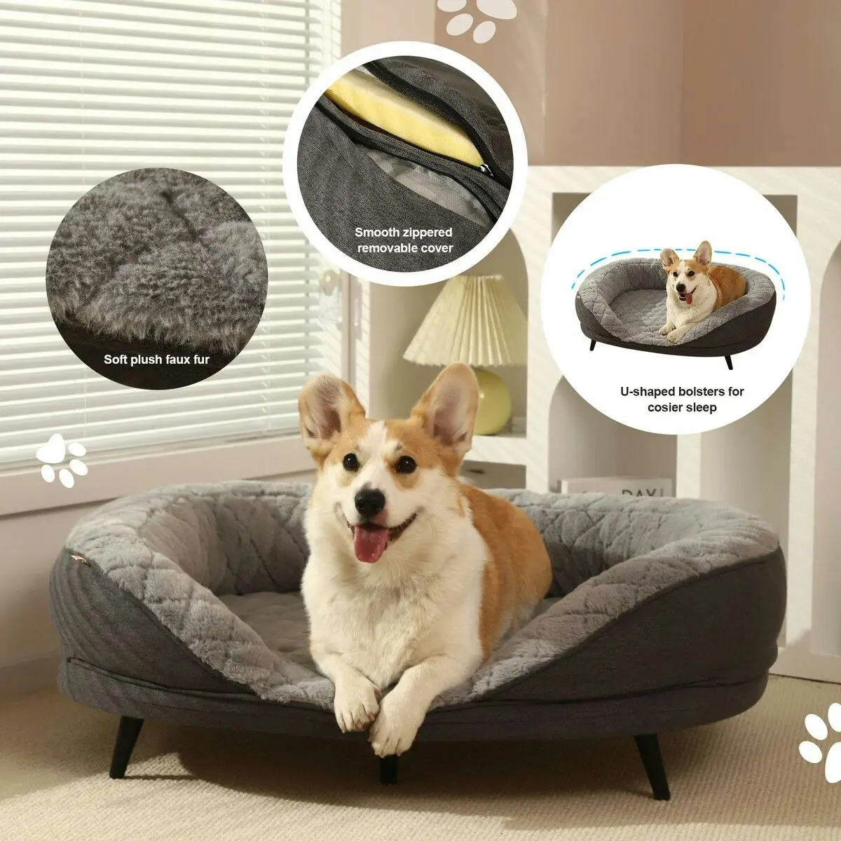 Pet Scene Raised Dog Bed Cat Couch Puppy Sofa Doggy Soft Cushioned Lounge Pet Chaise Furniture Crate Fabric Angora 90x78x29cm