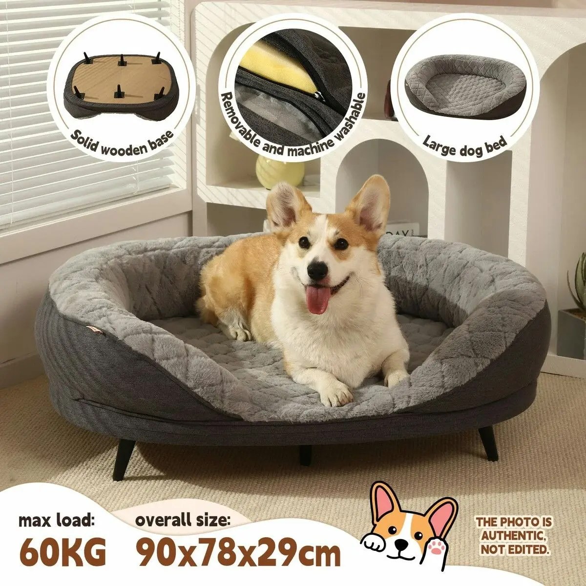 Pet Scene Raised Dog Bed Cat Couch Puppy Sofa Doggy Soft Cushioned Lounge Pet Chaise Furniture Crate Fabric Angora 90x78x29cm