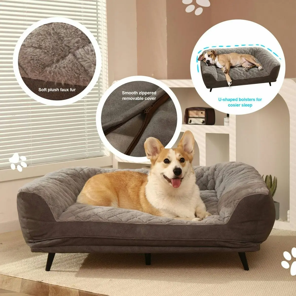 Pet Scene XL Pet Dog Bed Raised Soft Cushioned Puppy Sofa Couch Doggy Chaise Lounge Plush Furniture Removable Cover 100x70x36cm