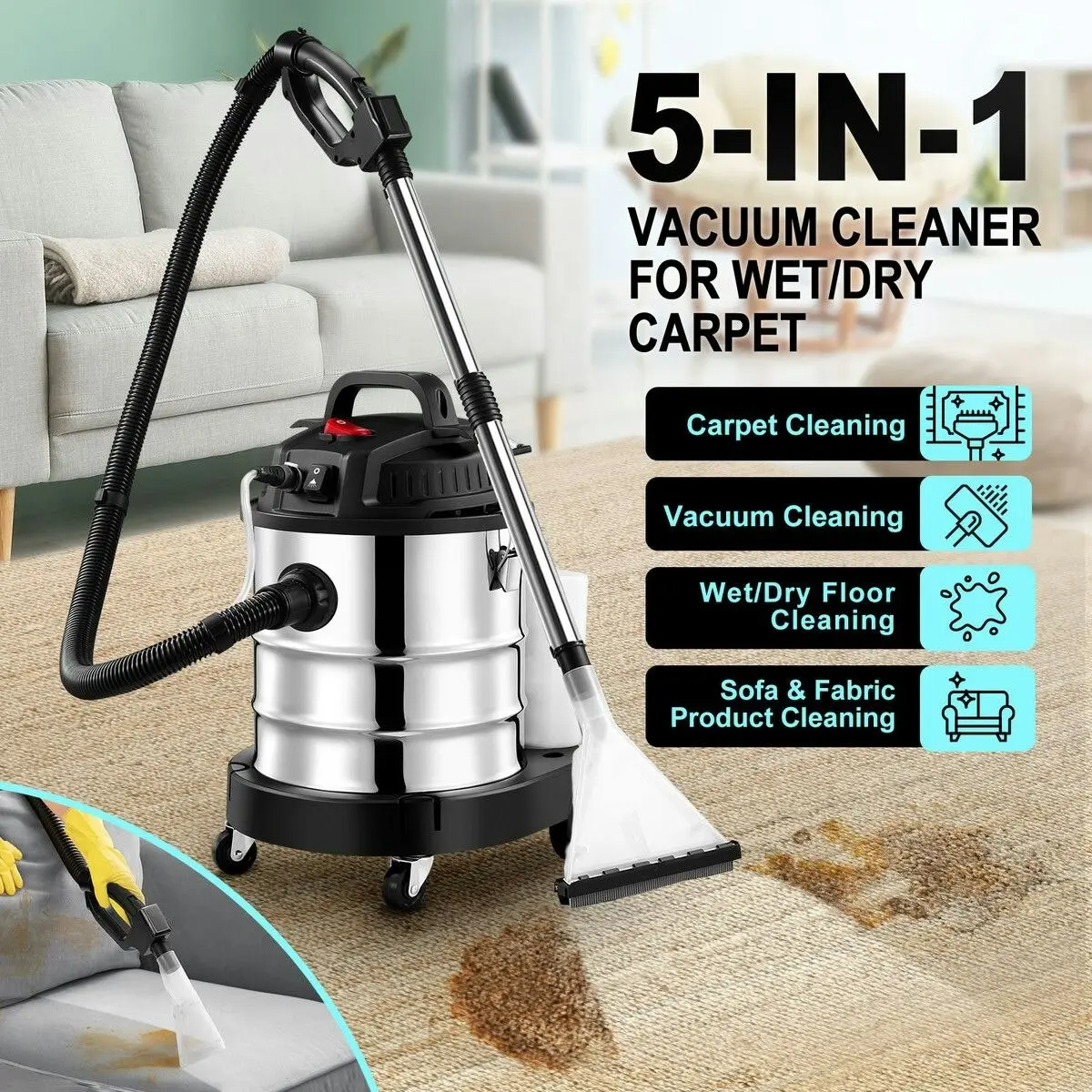 Ausway 5 In 1 Carpet Vacuum Cleaner Mop Floor Sofa Wet and Dry Vac Blower Pet Hair Cleaning Machine Brush Portable Smart Car Home Shop with Wheels