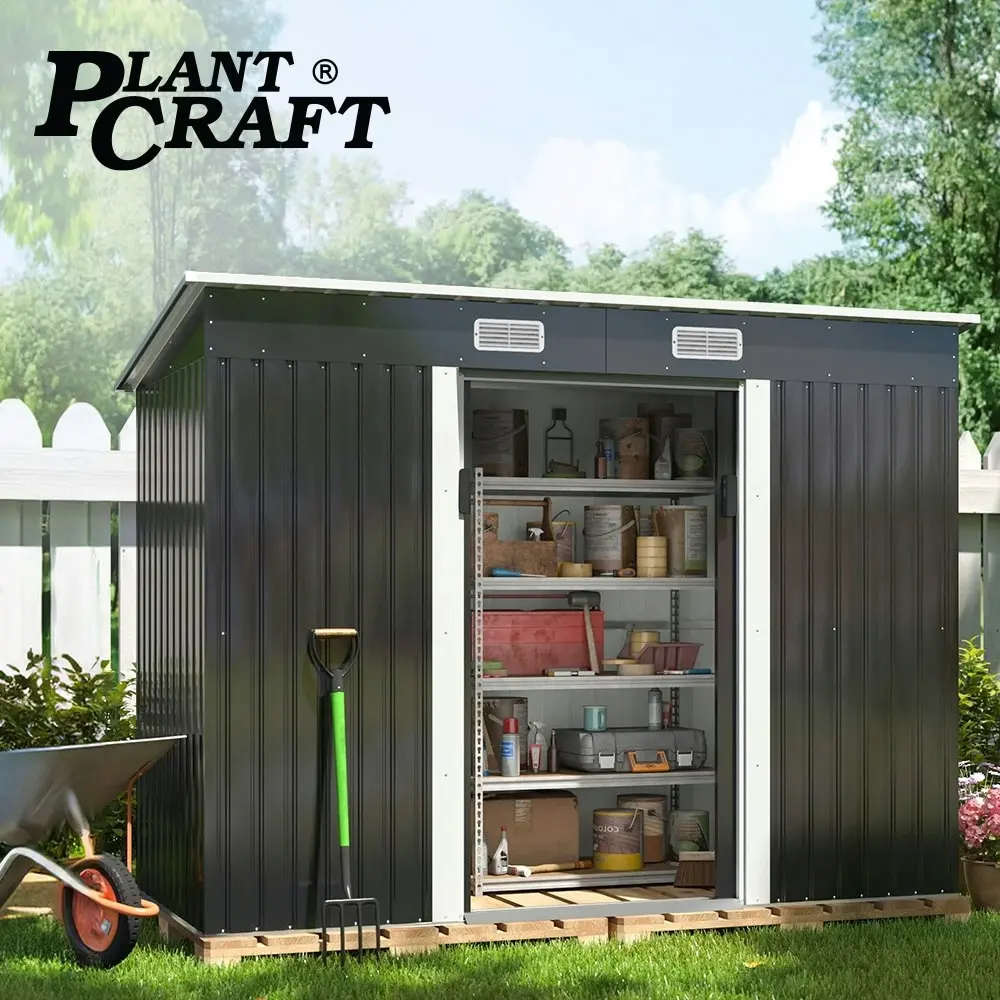 PlantCraft Galvanised Steel Garden Shed 2.38 x 1.31 x 1.82m, with 2 Sliding Doors, 2 Air Vents, Skillion Roof, Floor Frame