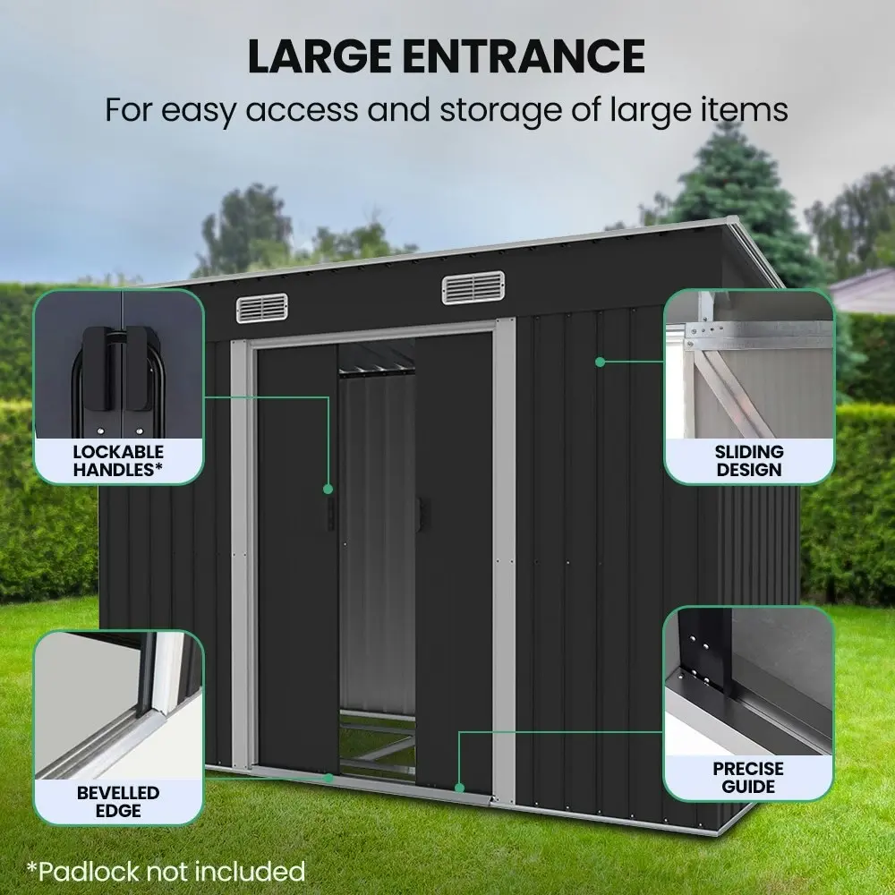 PlantCraft Galvanised Steel Garden Shed 2.38 x 1.31 x 1.82m, with 2 Sliding Doors, 2 Air Vents, Skillion Roof, Floor Frame