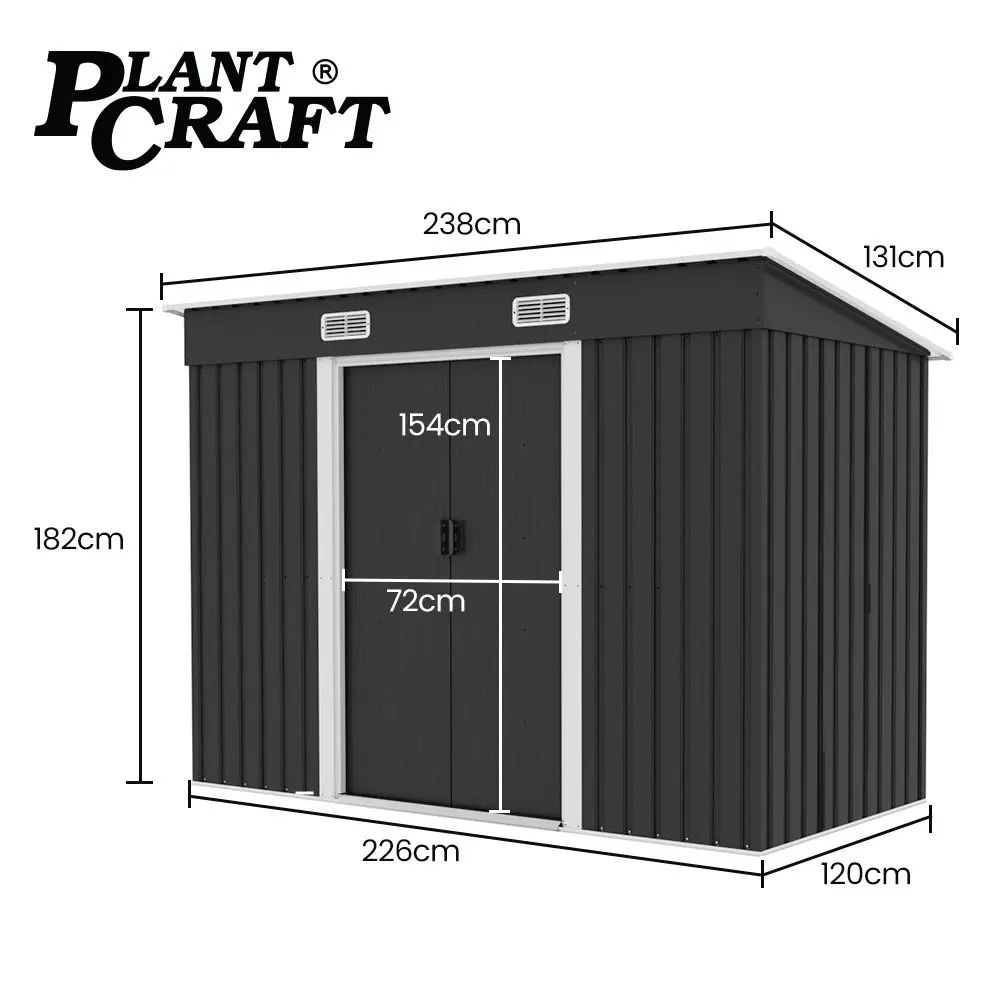 PlantCraft Galvanised Steel Garden Shed 2.38 x 1.31 x 1.82m, with 2 Sliding Doors, 2 Air Vents, Skillion Roof, Floor Frame