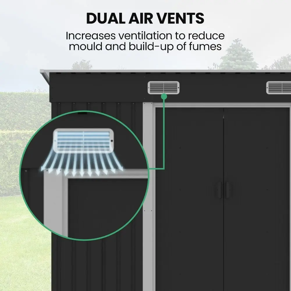 PlantCraft Galvanised Steel Garden Shed 2.38 x 1.31 x 1.82m, with 2 Sliding Doors, 2 Air Vents, Skillion Roof, Floor Frame