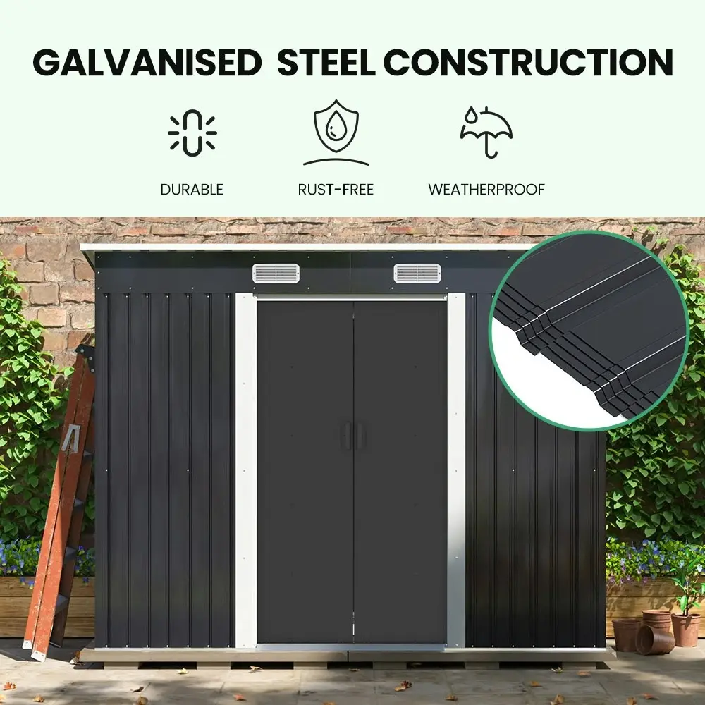 PlantCraft Galvanised Steel Garden Shed 2.38 x 1.31 x 1.82m, with 2 Sliding Doors, 2 Air Vents, Skillion Roof, Floor Frame