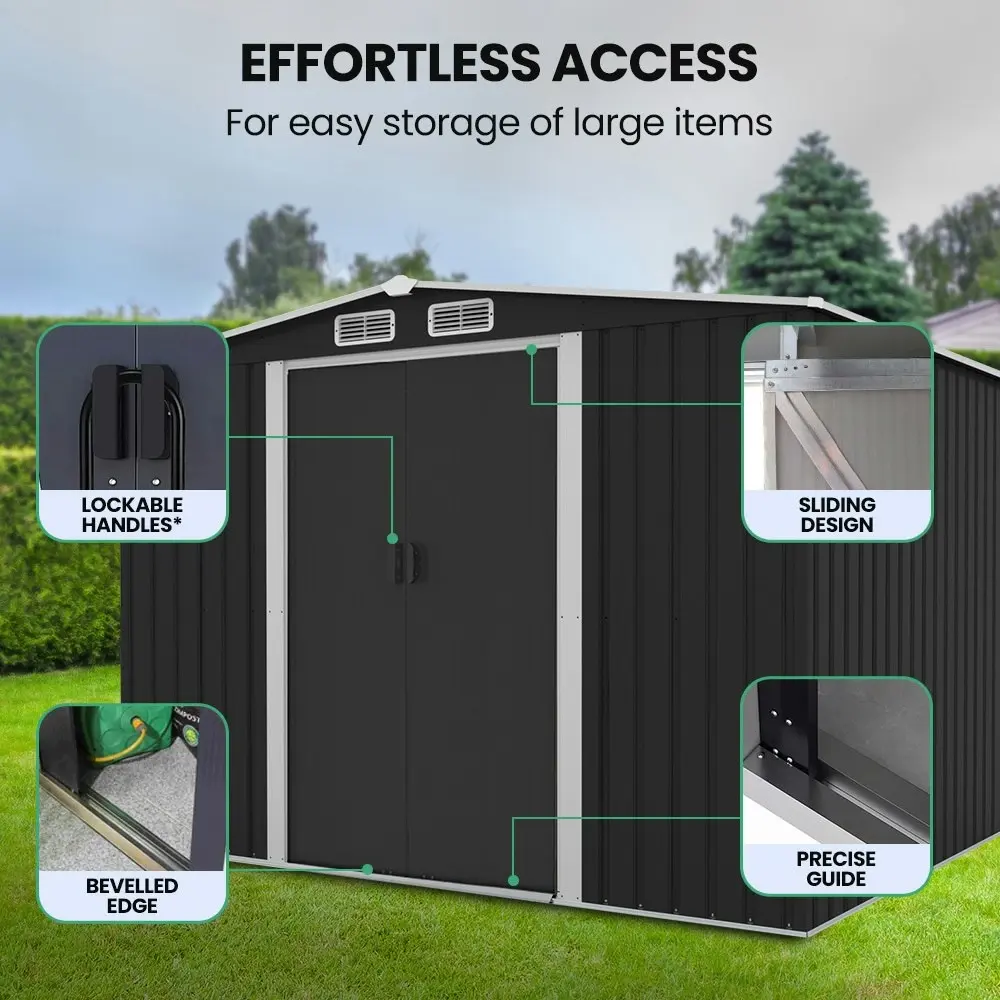 PlantCraft Galvanised Steel Garden Shed 2.58 x 2.07 x 2.02m, with 2 Sliding Doors, 4 Air Vents, Gable Roof, Floor Frame