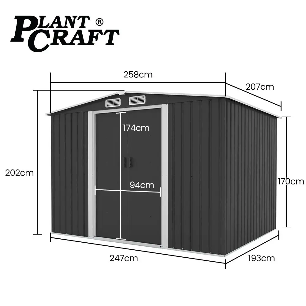 PlantCraft Galvanised Steel Garden Shed 2.58 x 2.07 x 2.02m, with 2 Sliding Doors, 4 Air Vents, Gable Roof, Floor Frame