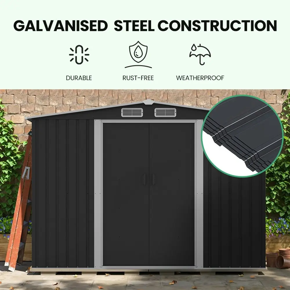 PlantCraft Galvanised Steel Garden Shed 2.58 x 2.07 x 2.02m, with 2 Sliding Doors, 4 Air Vents, Gable Roof, Floor Frame