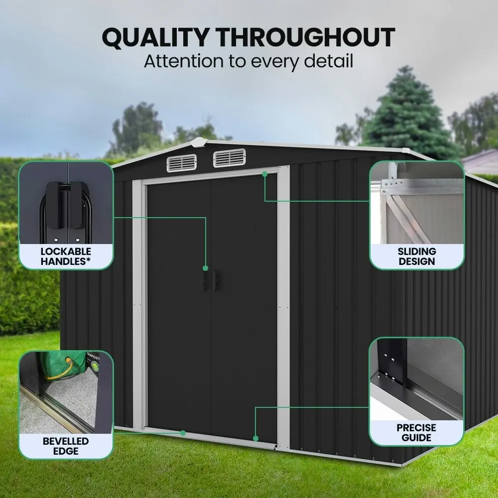 PlantCraft Galvanised Steel Garden Shed 2.58 x 3.13 x 2.02m, with 2 Sliding Doors, 4 Air Vents, Gable Roof, Floor Frame