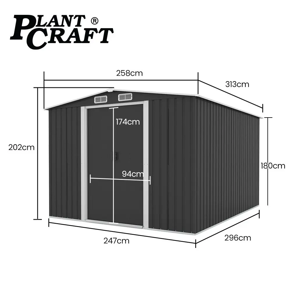 PlantCraft Galvanised Steel Garden Shed 2.58 x 3.13 x 2.02m, with 2 Sliding Doors, 4 Air Vents, Gable Roof, Floor Frame