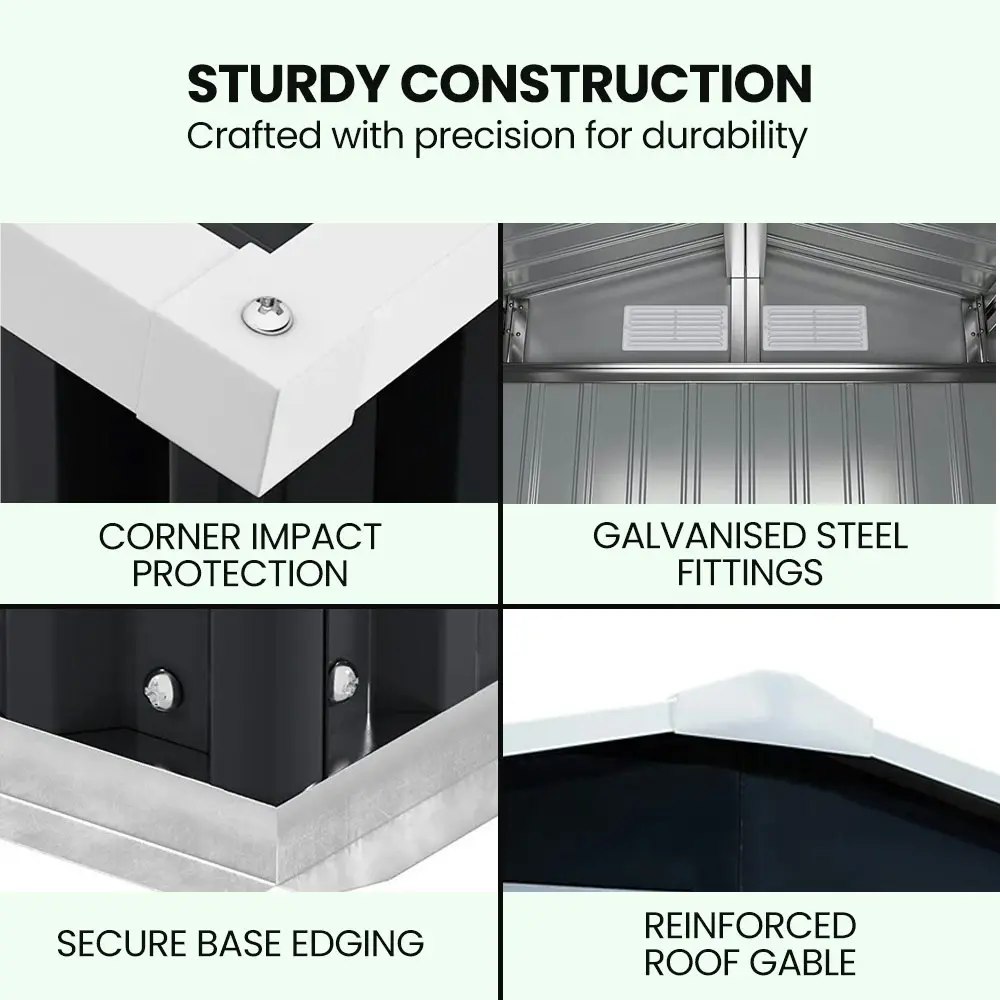 PlantCraft Galvanised Steel Garden Shed 2.58 x 3.13 x 2.02m, with 2 Sliding Doors, 4 Air Vents, Gable Roof, Floor Frame