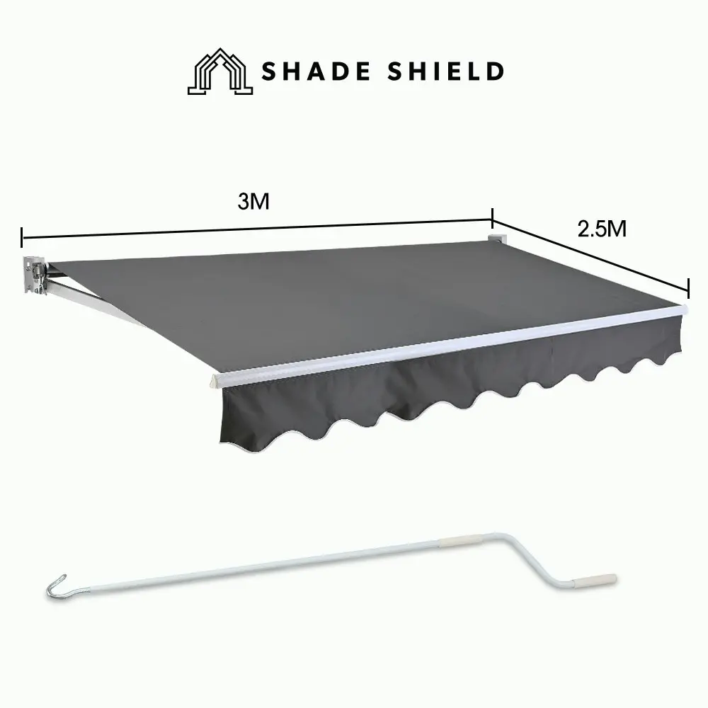 Shade Shield 3x2.5m Retractable Folding Arm Awning, Powder Coated 6063 Aluminium, with Hand Crank, for Outdoor Patio