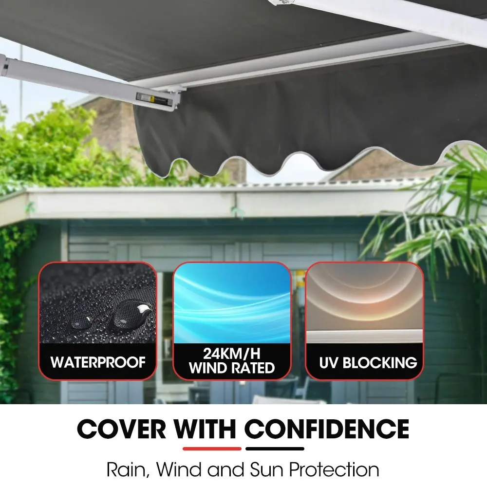 Shade Shield 3x2.5m Retractable Folding Arm Awning, Powder Coated 6063 Aluminium, with Hand Crank, for Outdoor Patio