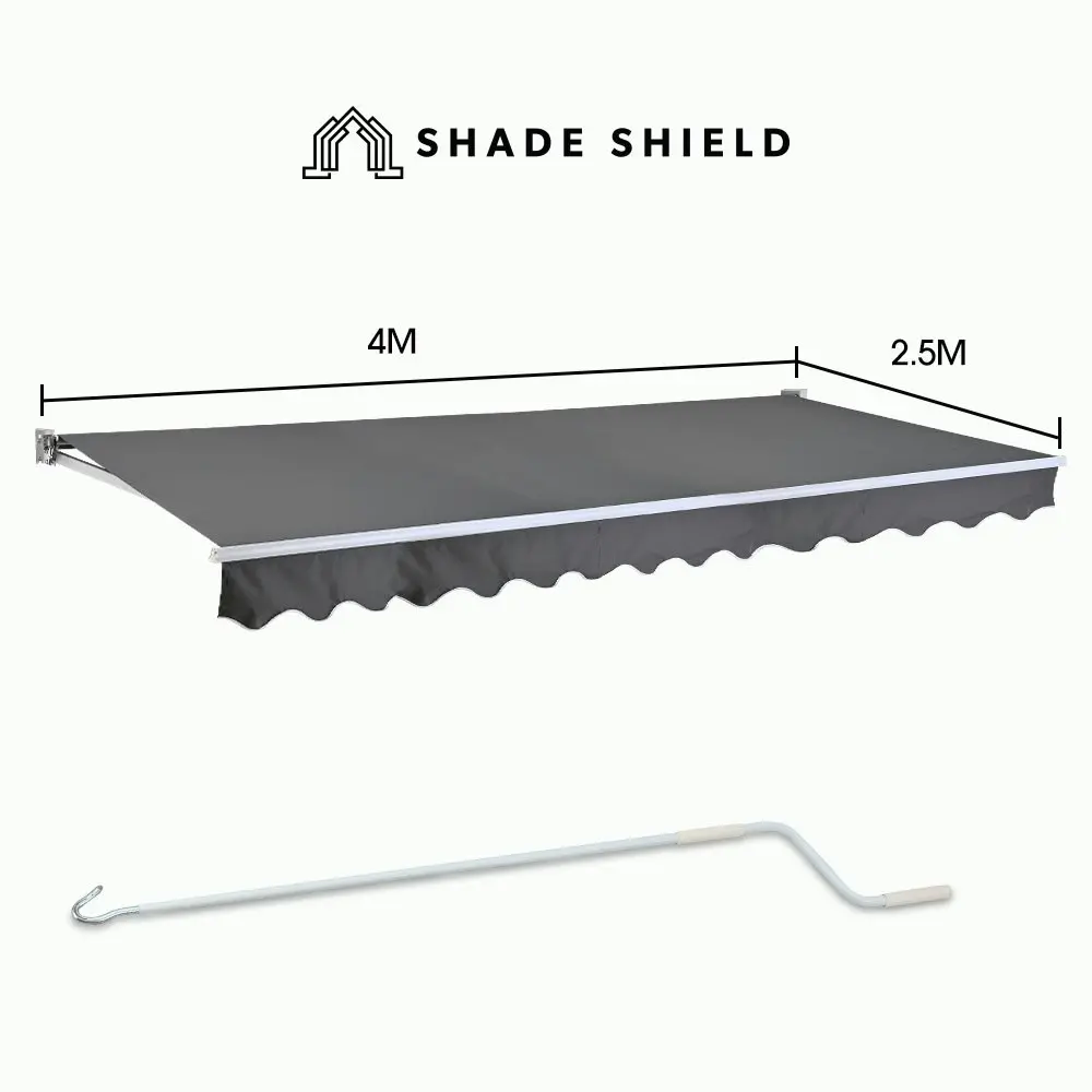 Shade Shield 4x2.5m Retractable Folding Arm Awning, Powder Coated 6063 Aluminium, with Hand Crank, for Outdoor Patio