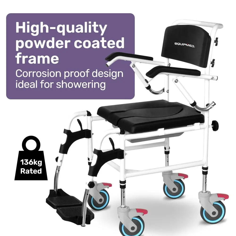 Equipmed Commode Shower Chair, Over Toilet or Bedside 136kg Capacity Aluminium frame with Wheels, Black