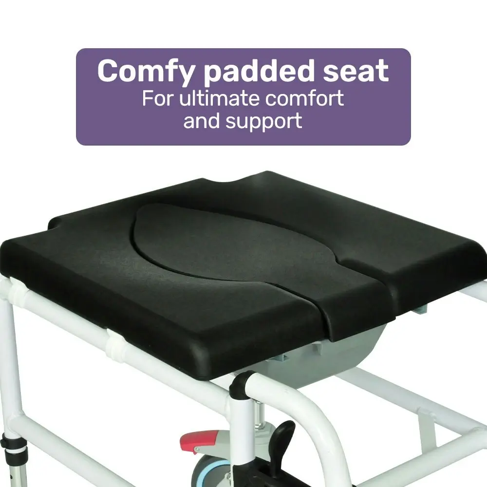 Equipmed Commode Shower Chair, Over Toilet or Bedside 136kg Capacity Aluminium frame with Wheels, Black