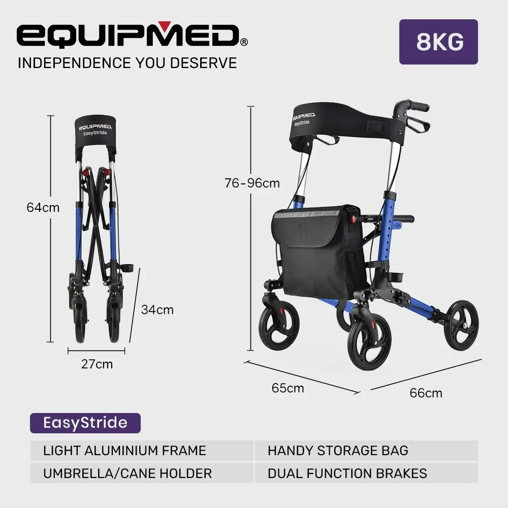 Equipmed Foldable Aluminium Walking Frame Rollator with Bag and Seat, Blue