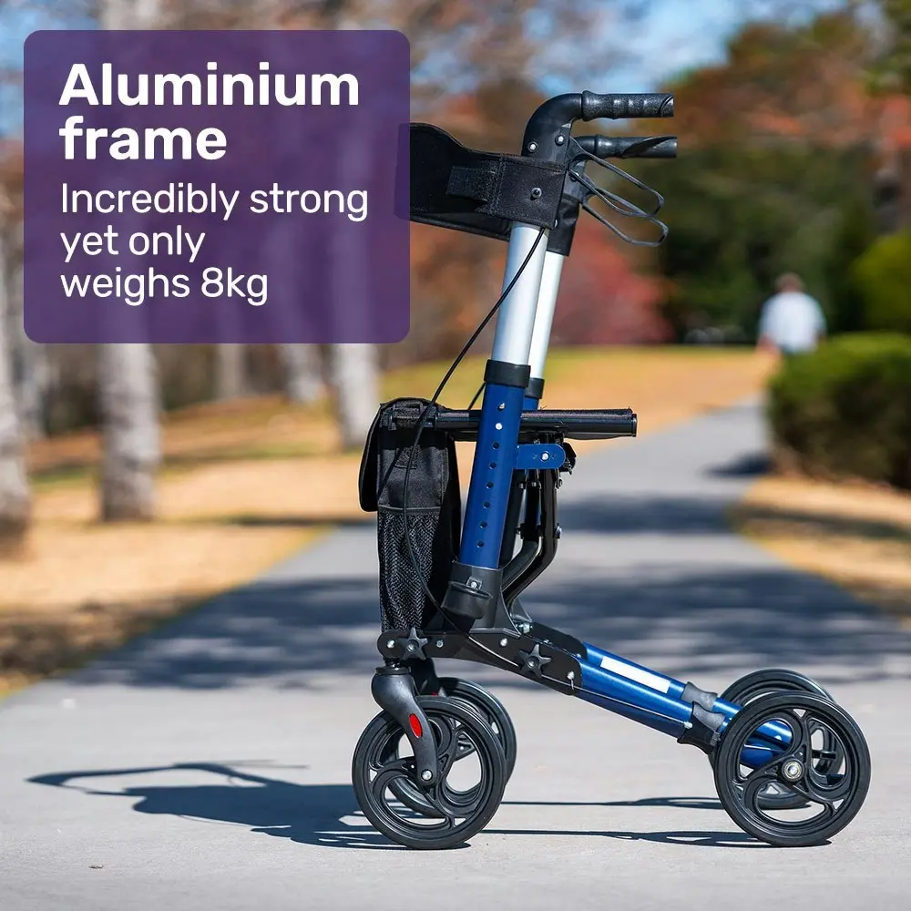 Equipmed Foldable Aluminium Walking Frame Rollator with Bag and Seat, Blue