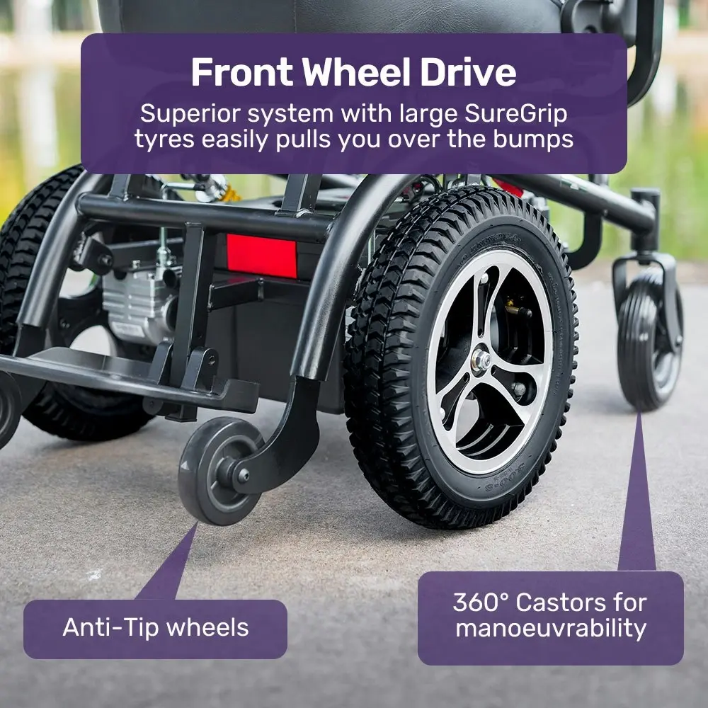 Equipmed Front Wheel Drive Power Electric Wheelchair, Up to 35km Range, Ultra-Comfortable, Safe Stable Non-Slip Anti-Roll Back Power Assist Chair