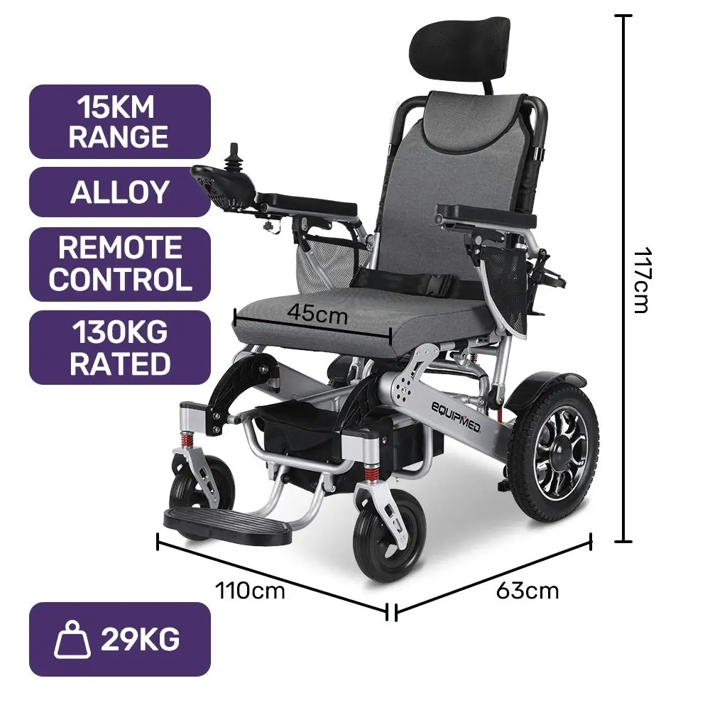 Equipmed Power Electric Wheelchair, Long Range, Alloy, Remote Control, Lithium Battery, Black/Silver