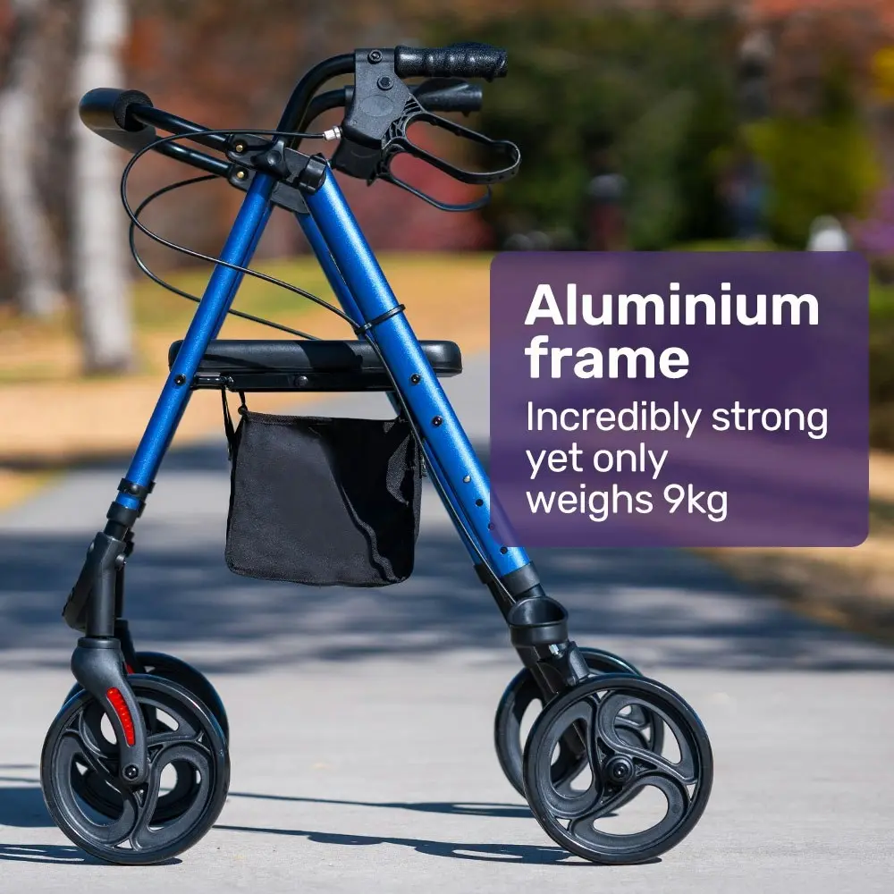 Equipmed 4 Wheel Lightweight Rollator Walker, Aluminium Frame, Seat, Carry Bag, for Seniors, Blue