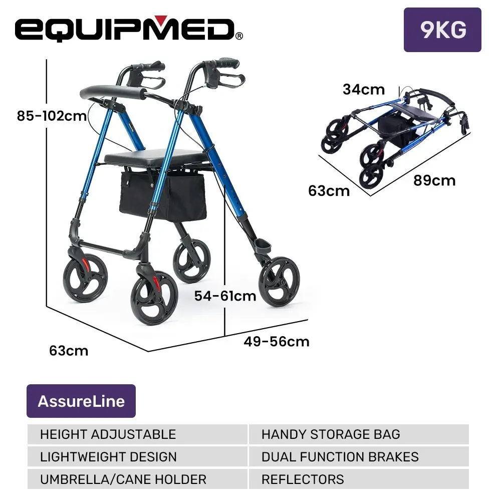 Equipmed 4 Wheel Lightweight Rollator Walker, Aluminium Frame, Seat, Carry Bag, for Seniors, Blue