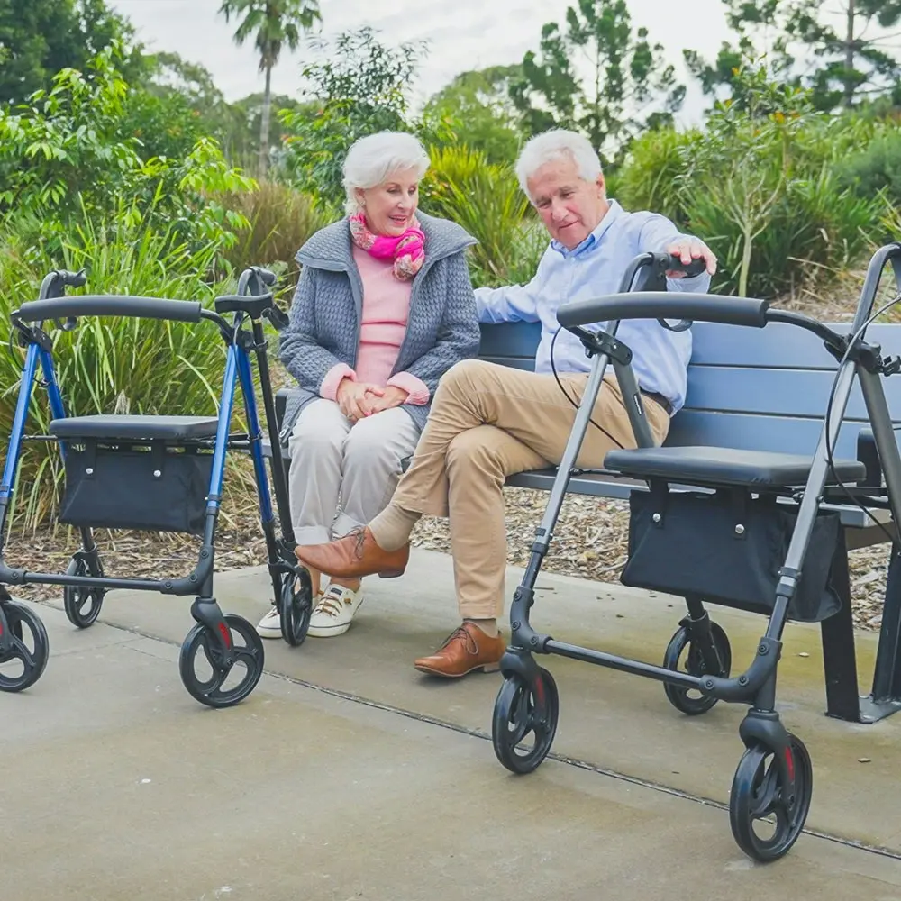 Equipmed 4 Wheel Lightweight Rollator Walker, Aluminium Frame, Seat, Carry Bag, for Seniors, Blue