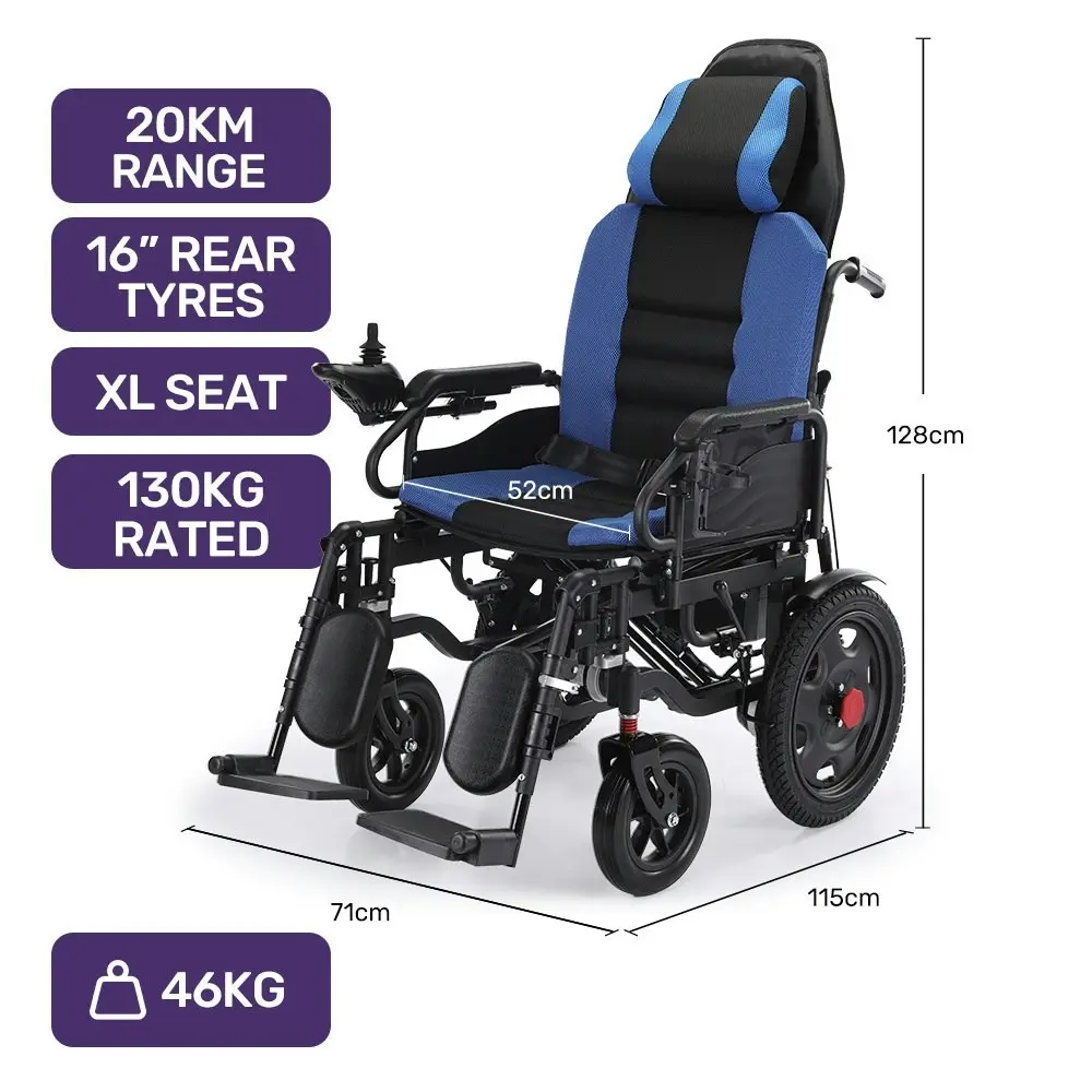 Equipmed Power Electric Wheelchair, Wide Bariatric Chair, Comfortable for S-XL, Long Range, Recline Adjustment, Lithium Battery, 16'' Wheels, Headrest, Folding