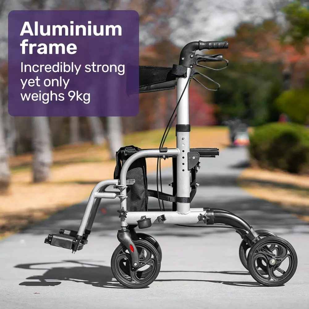 Equipmed 2-in-1 Folding Rollator Wheelchair Adjustable Mobility Walker w/ Park Brakes & Bag, Silver