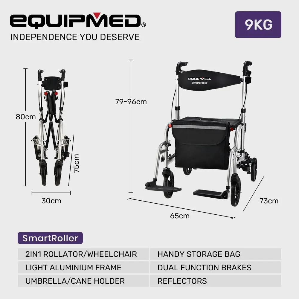 Equipmed 2-in-1 Folding Rollator Wheelchair Adjustable Mobility Walker w/ Park Brakes & Bag, Silver