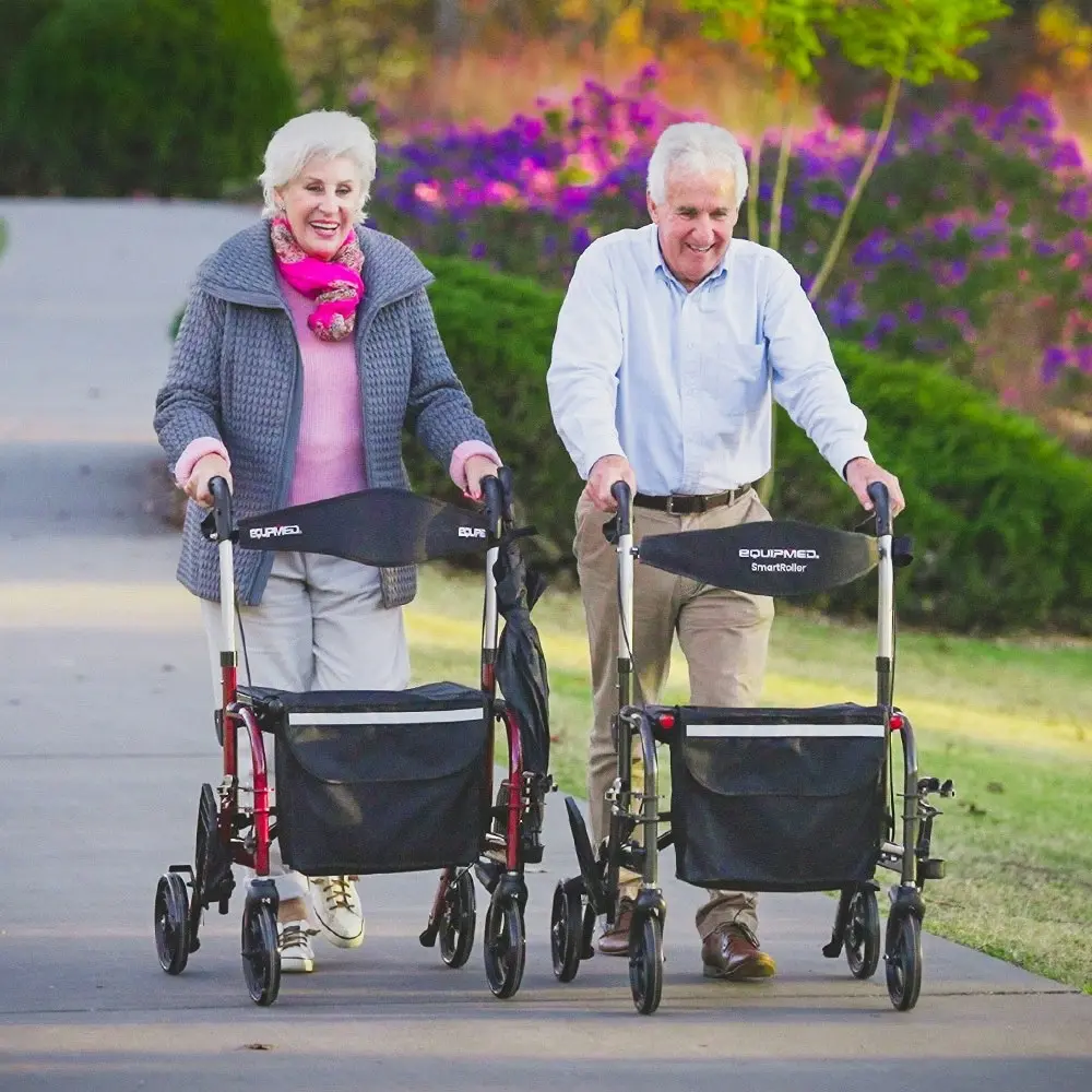 Equipmed 2-in-1 Foldable Aluminium Walking Frame Rollator and Transit Wheelchair with Bag, Titanium colour