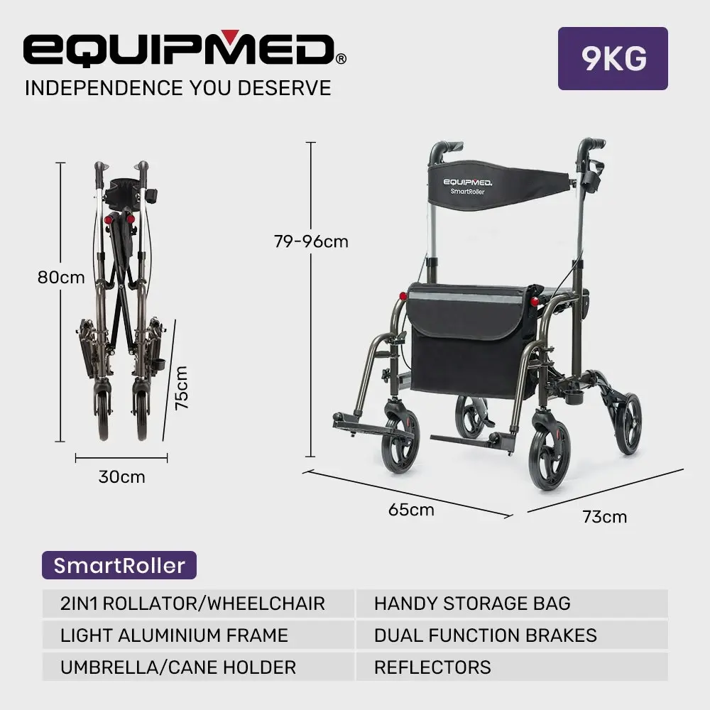 Equipmed 2-in-1 Foldable Aluminium Walking Frame Rollator and Transit Wheelchair with Bag, Titanium colour