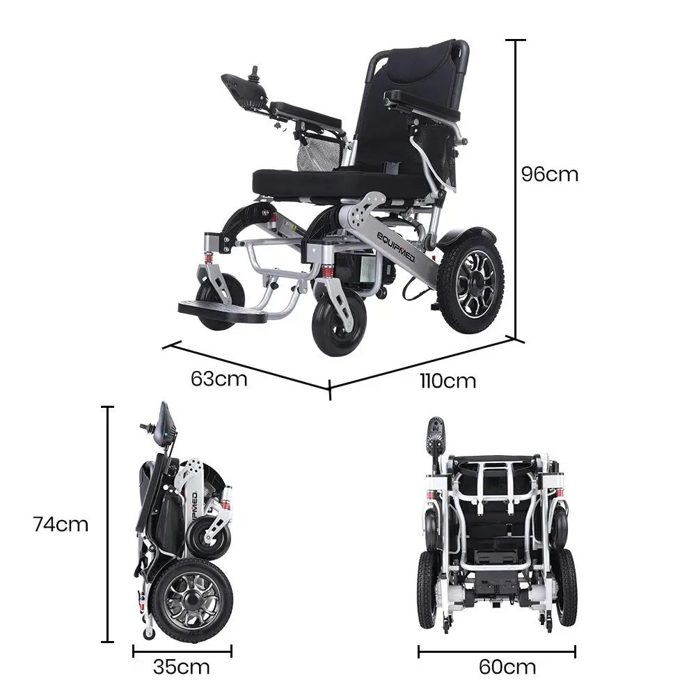 Equipmed Power Electric Wheelchair, Airline Approved Wheel Chair, Lightweight, Long Range, Lithium Batteries, Black & Silver