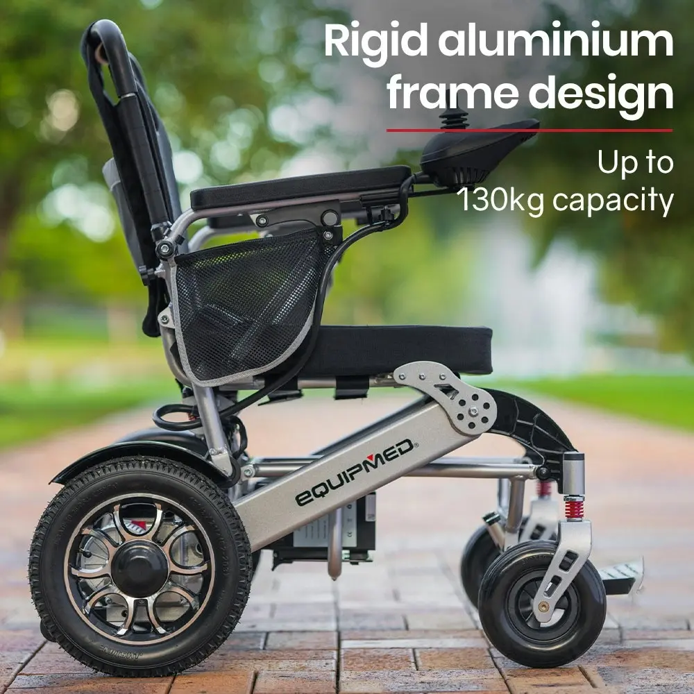 Equipmed Power Electric Wheelchair, Airline Approved Wheel Chair, Lightweight, Long Range, Lithium Batteries, Black & Silver