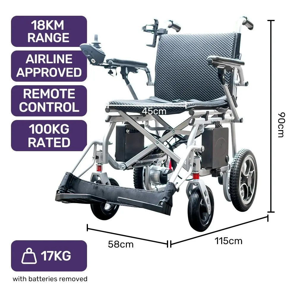 Equipmed Power Electric Wheelchair, Airline Approved Wheelchair, Extra Lightweight, Long Range, Lithium Batteries, Silver