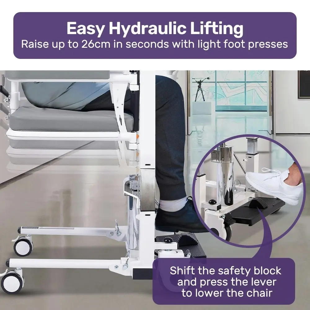 Equipmed Patient Lift Transfer Chair, Easy Hydraulic Height Adjustment, Shower Compatible, Over Toilet, Removable Commode, for Seniors Elderly Disabled