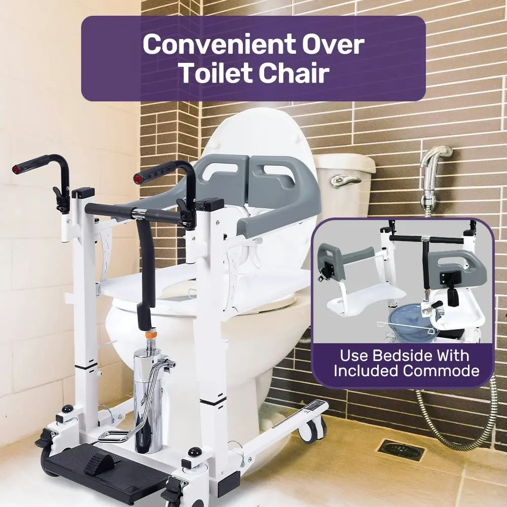 Equipmed Patient Lift Transfer Chair, Easy Hydraulic Height Adjustment, Shower Compatible, Over Toilet, Removable Commode, for Seniors Elderly Disabled