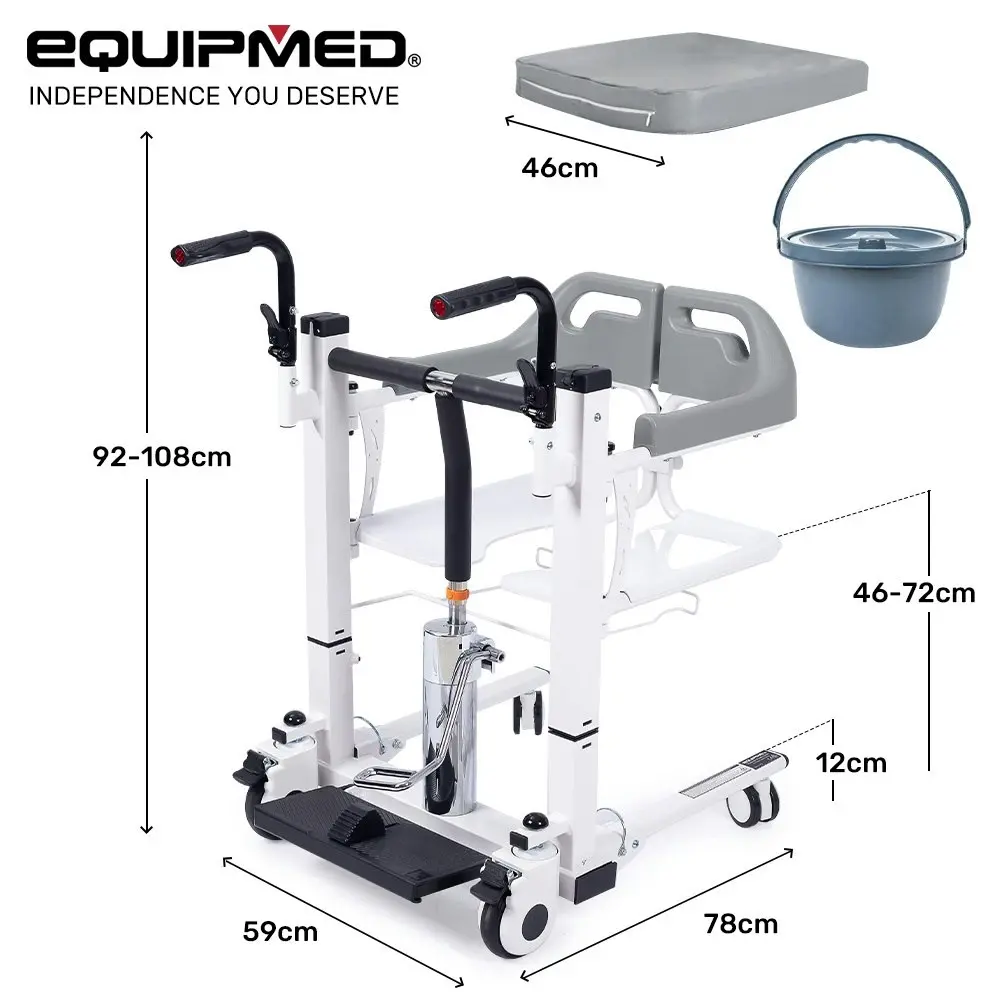 Equipmed Patient Lift Transfer Chair, Easy Hydraulic Height Adjustment, Shower Compatible, Over Toilet, Removable Commode, for Seniors Elderly Disabled