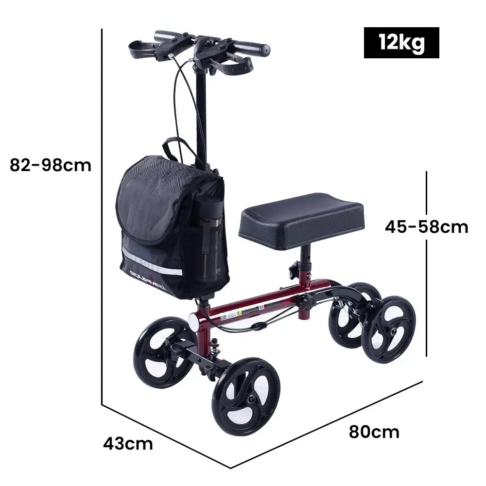 Equipmed Knee Scooter Walker, Dual Brakes - Bag - Broken Leg Ankle Foot Mobility - Crutches Alternative - Red