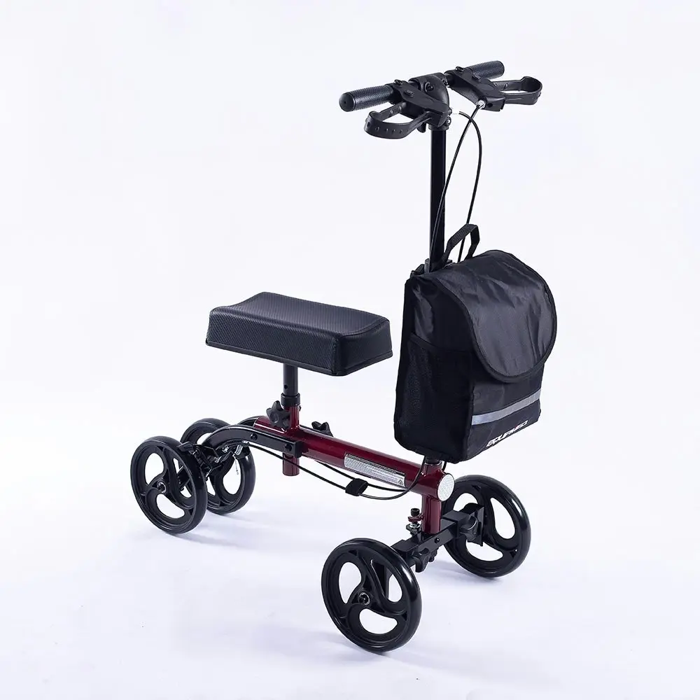 Equipmed Knee Scooter Walker, Dual Brakes - Bag - Broken Leg Ankle Foot Mobility - Crutches Alternative - Red