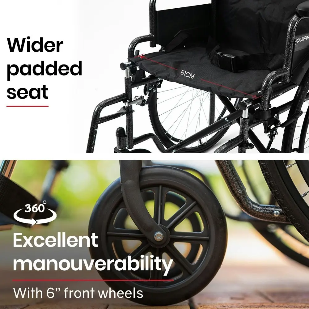 Equipmed 24 Inch Folding Wheelchair, XL Wide Design, 136kg Capacity, Park Brakes, Retractable Armrests, Dark Grey Hammertone