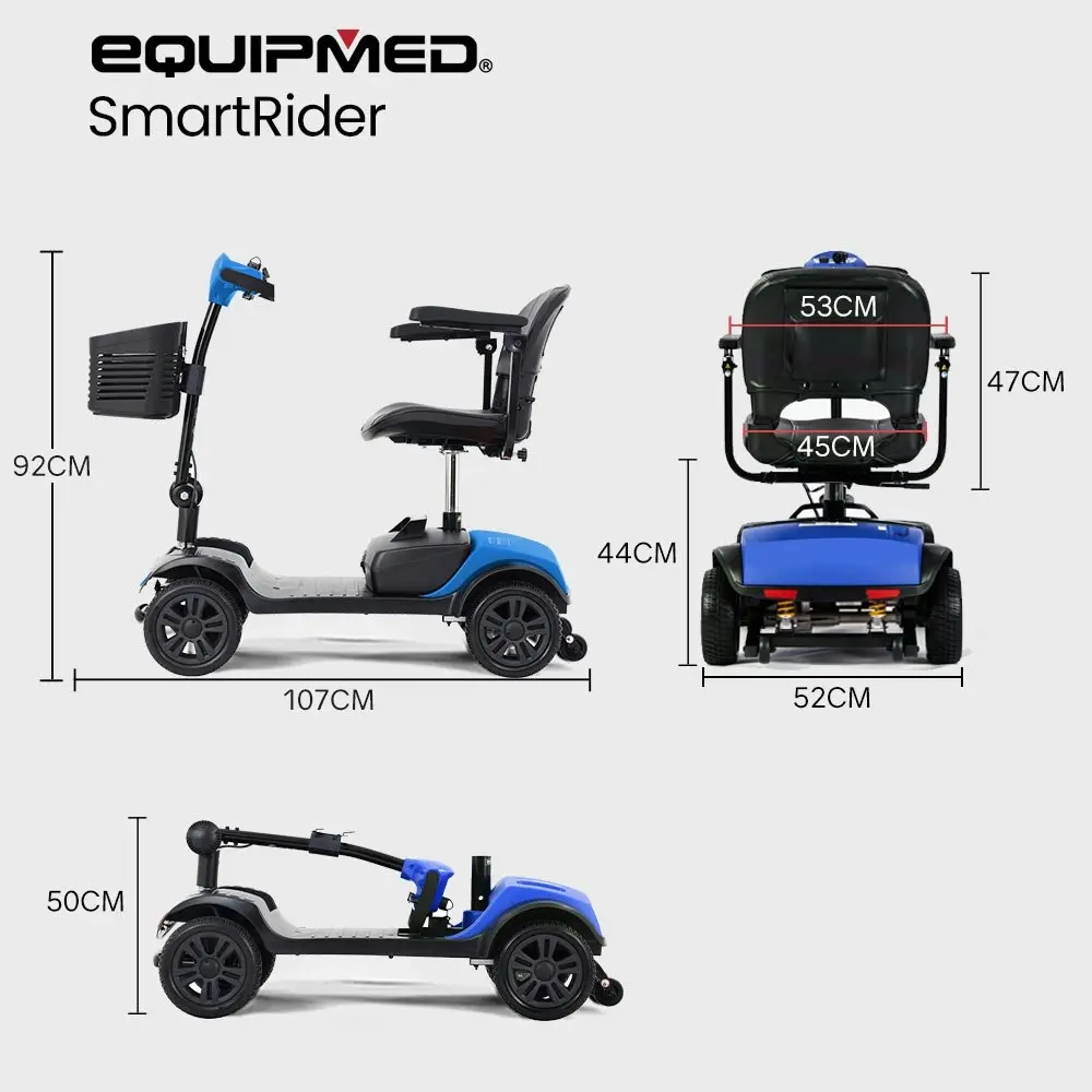 Equipmed Electric Mobility Scooter Portable Folding for Elderly Older Adult, SmartRider Black & Blue