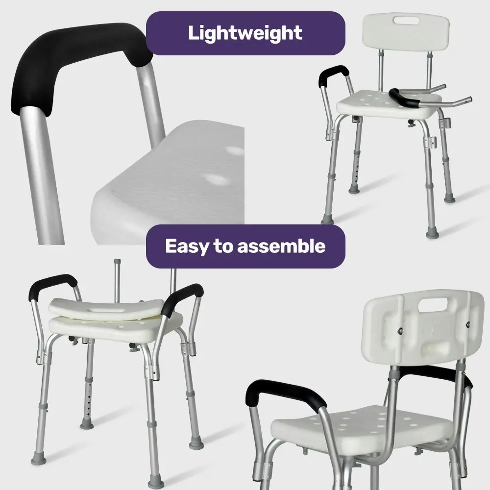 Equipmed Shower Chair Bath Seat 120kg Capacity, with Arms, Adjustable Height, for Elderly, White