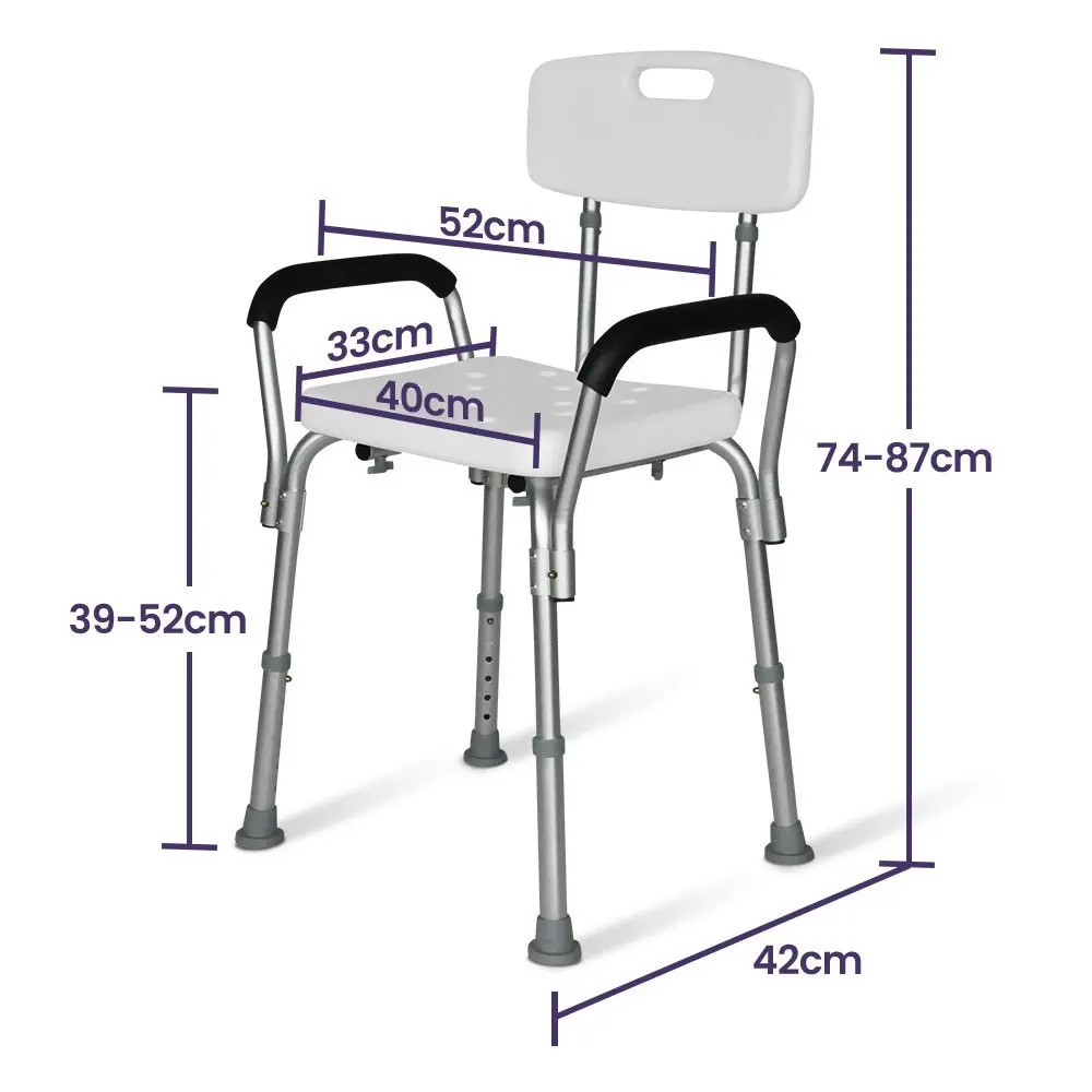 Equipmed Shower Chair Bath Seat 120kg Capacity, with Arms, Adjustable Height, for Elderly, White