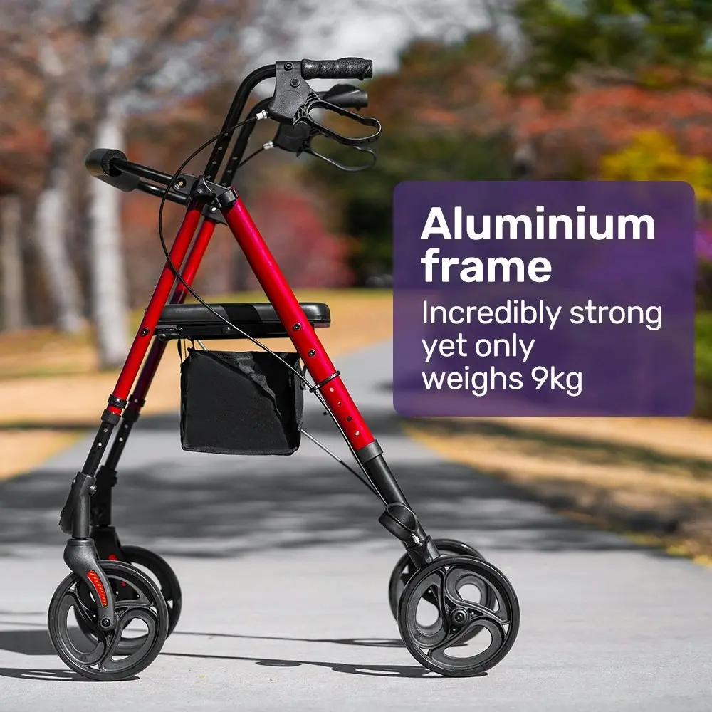 Equipmed 4 Wheel Lightweight Rollator Walker, Aluminium Frame, Seat, Carry Bag, for Seniors, Red