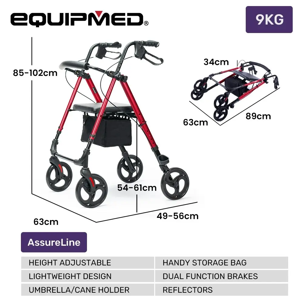 Equipmed 4 Wheel Lightweight Rollator Walker, Aluminium Frame, Seat, Carry Bag, for Seniors, Red